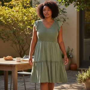 LOFT Sage Green Ruffle Sleeve Midi Dress